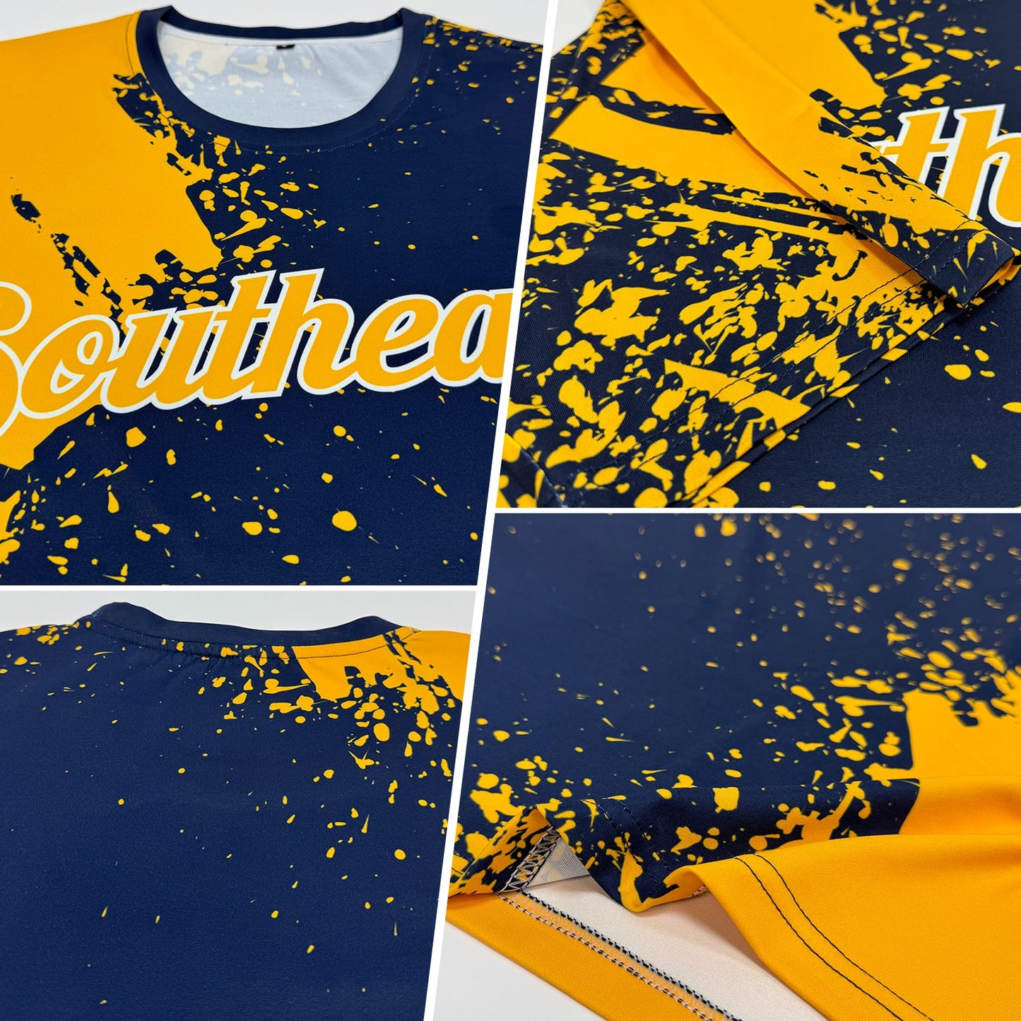 Custom Gold Navy-White 3D Pattern Design Abstract Brush Stroke Performance T-Shirt view 2