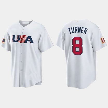 #8 TREA TURNER PHILADELPHIA PHILLIES 2023 WORLD BASEBALL CLASSIC USA REPLICA JERSEY ¨C WHITE Stitches Baseball Jerseys - Main View