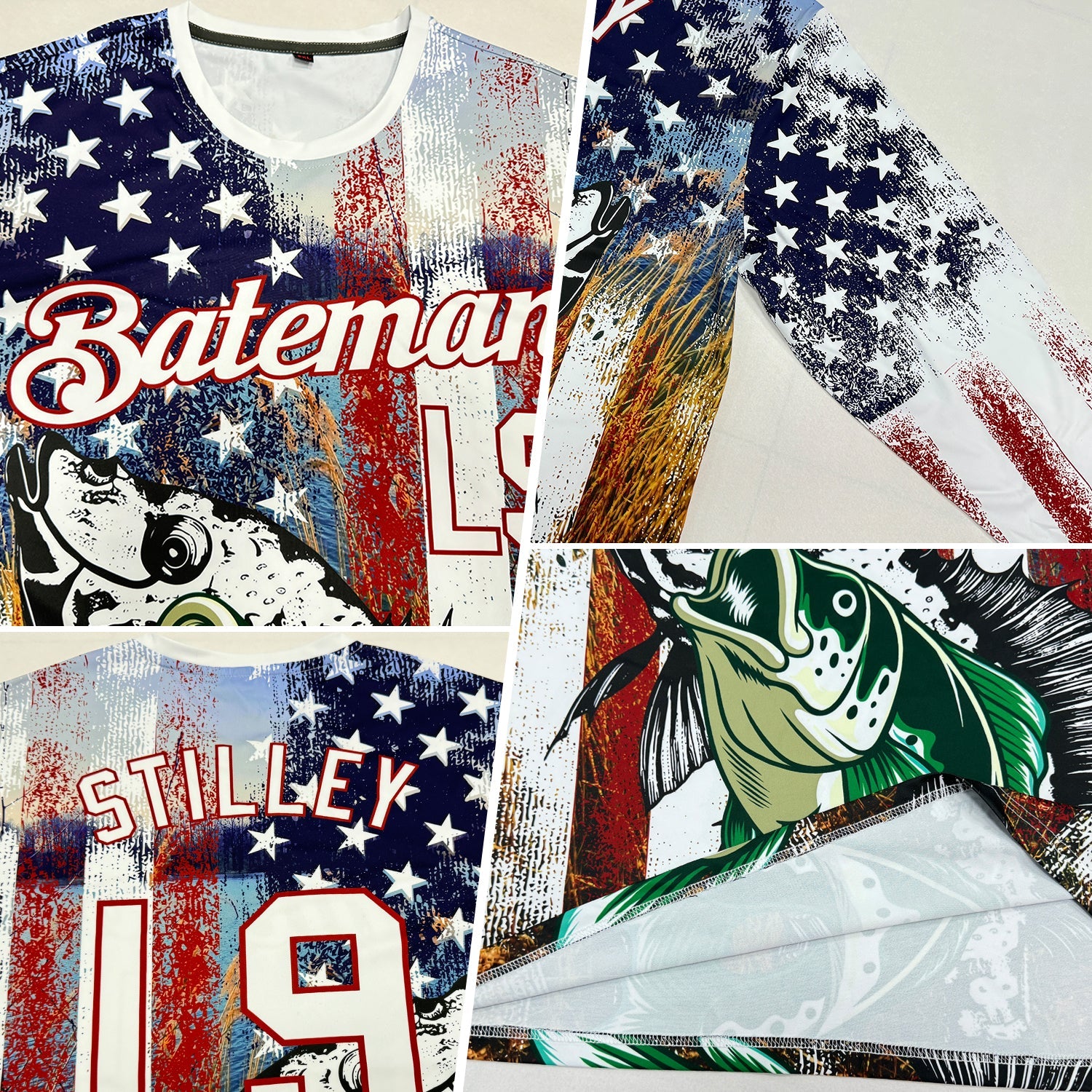 Custom White Red-Royal 3D American Flag And Bass Fish Fishing Long Sleeve Performance T-Shirt view 2