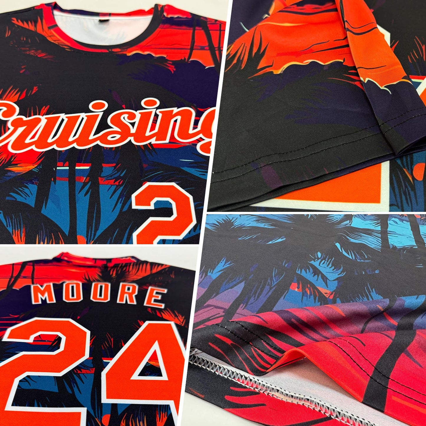 Custom Black Orange-White 3D Pattern Design Tropical Hawaii Palms Trees Performance T-Shirt view 2