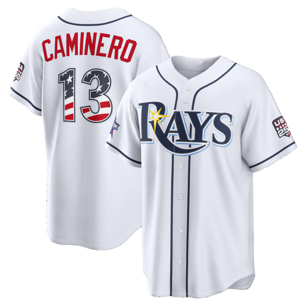 Tampa Bay Rays #13 Junior Caminero 2026 All-Star Edition Stars & Stripes White Stadium Baseball Jersey - Main View