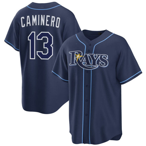 Tampa Bay Rays #13 Junior Caminero Navy Cool Base Stitched Baseball Jersey - Main View