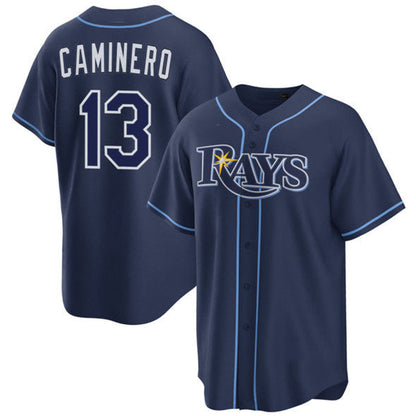 Tampa Bay Rays #13 Junior Caminero Navy Cool Base Stitched Baseball Jersey - Main View