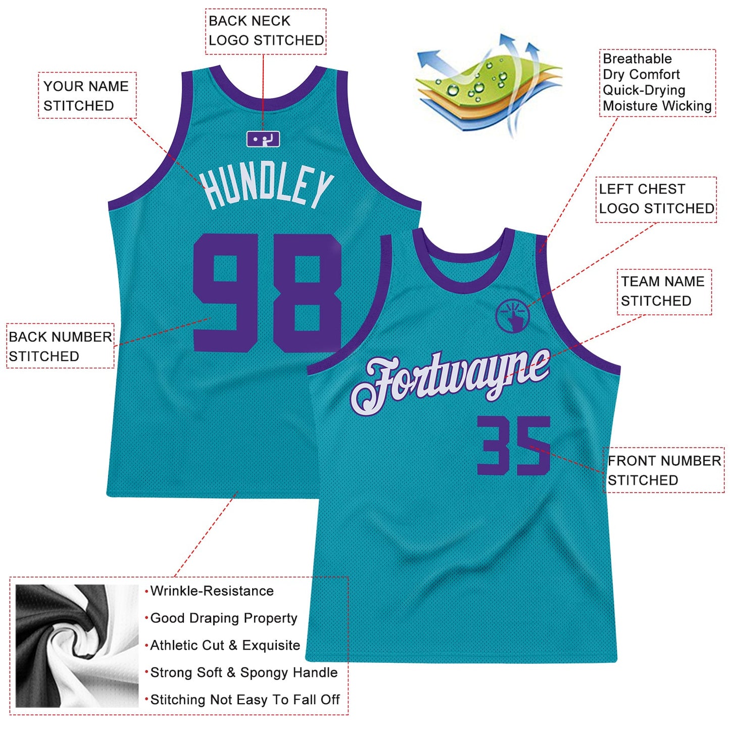 Custom Teal Purple-White Authentic Throwback Basketball Jersey view 2
