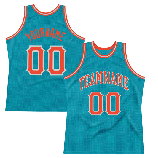 Custom Teal Orange-Gray Authentic Throwback Basketball Jersey - Main View