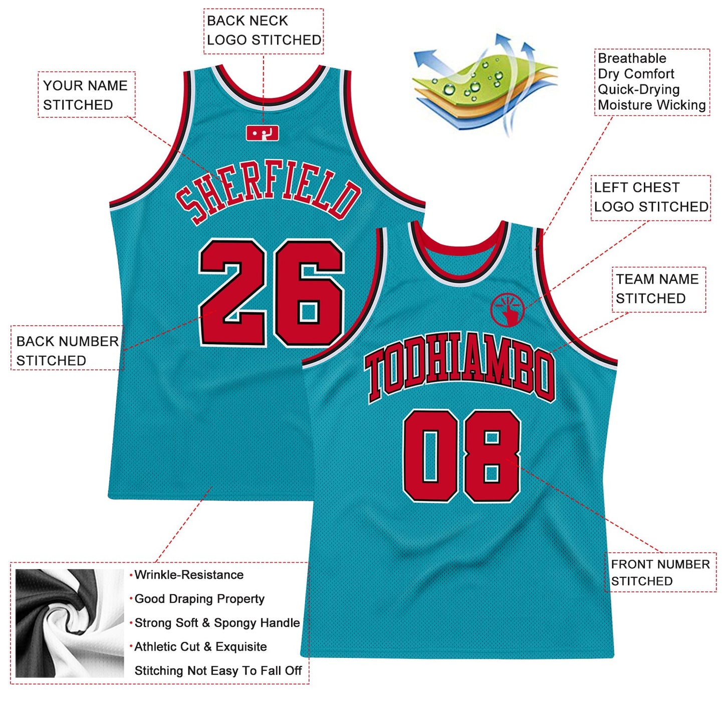 Custom Teal Red-Black Authentic Throwback Basketball Jersey view 2