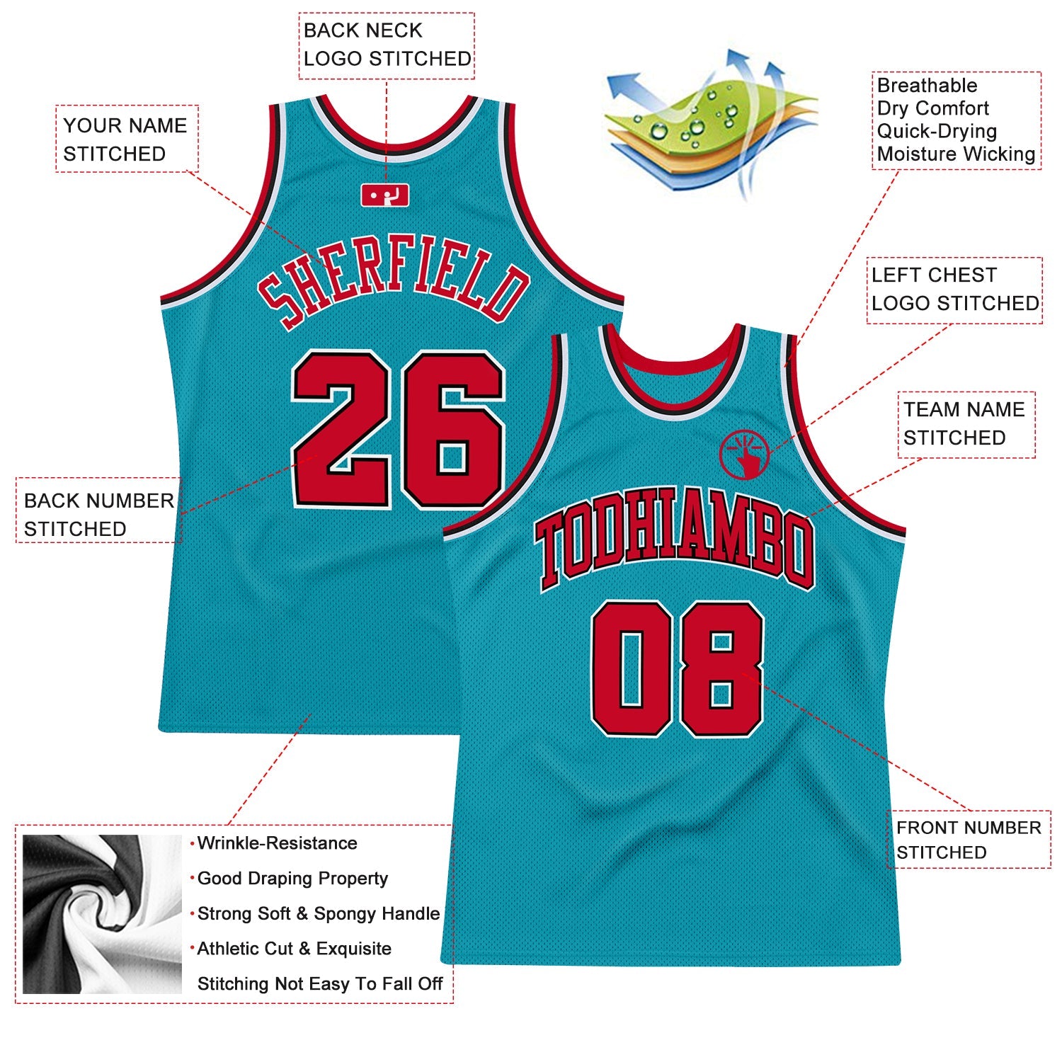 Custom Teal Red-Black Authentic Throwback Basketball Jersey view 2