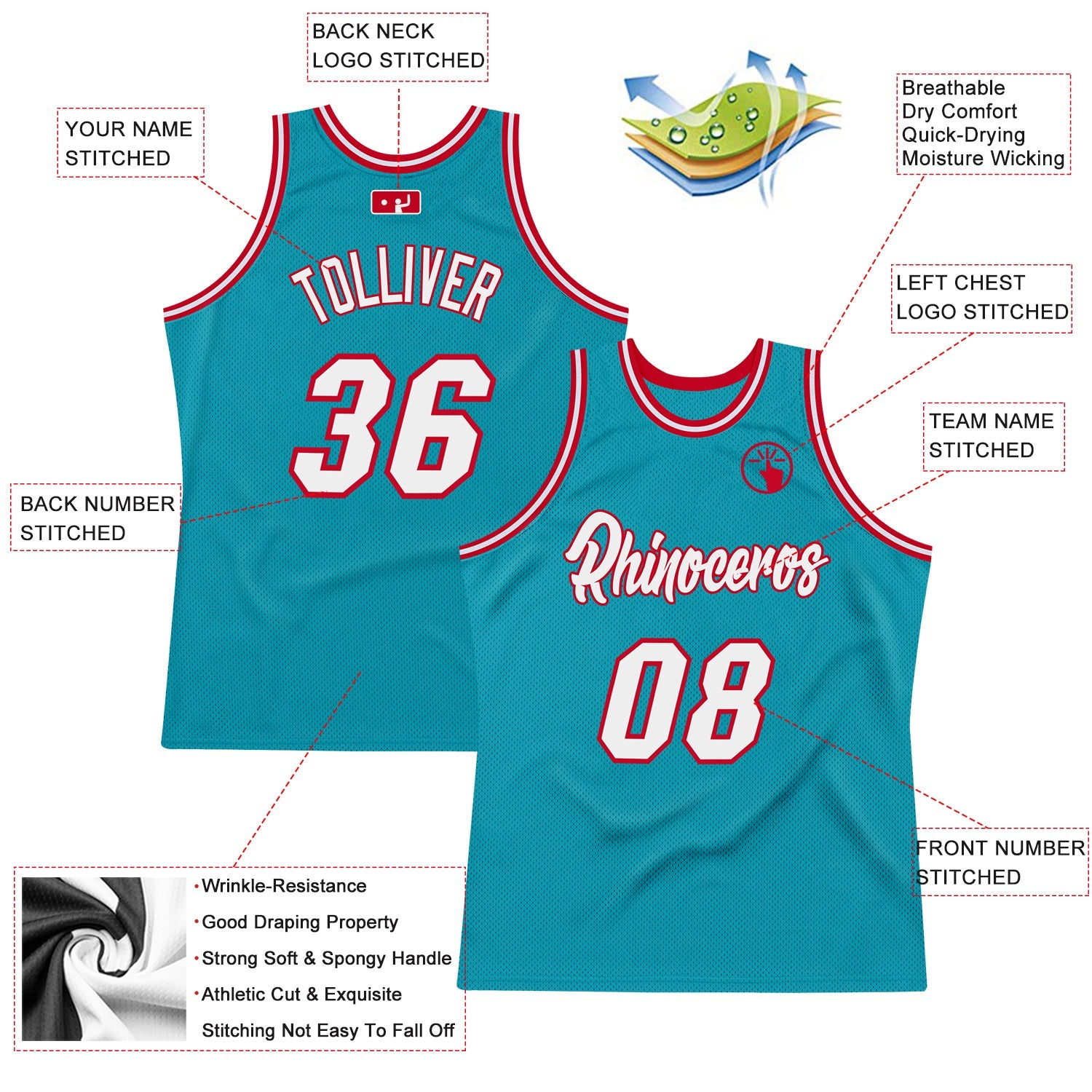 Custom Teal White-Red Authentic Throwback Basketball Jersey view 2