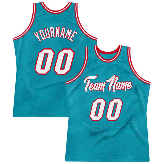 Custom Teal White-Red Authentic Throwback Basketball Jersey - Main View