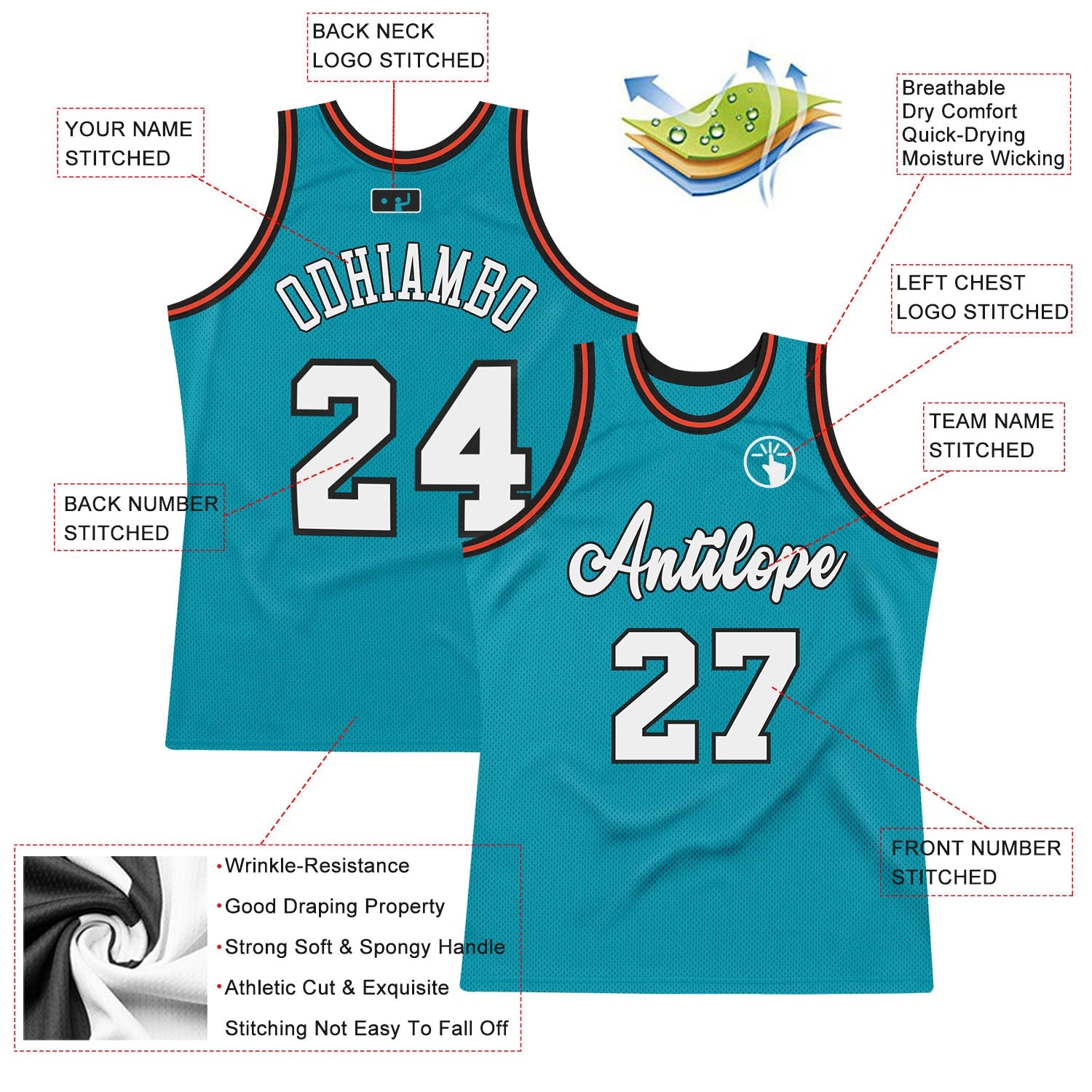 Custom Teal White-Orange Authentic Throwback Basketball Jersey view 2