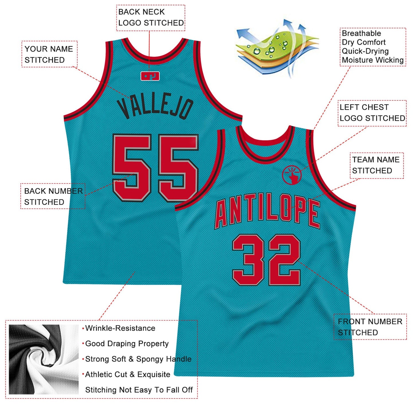 Custom Teal Red-Black Authentic Throwback Basketball Jersey view 2