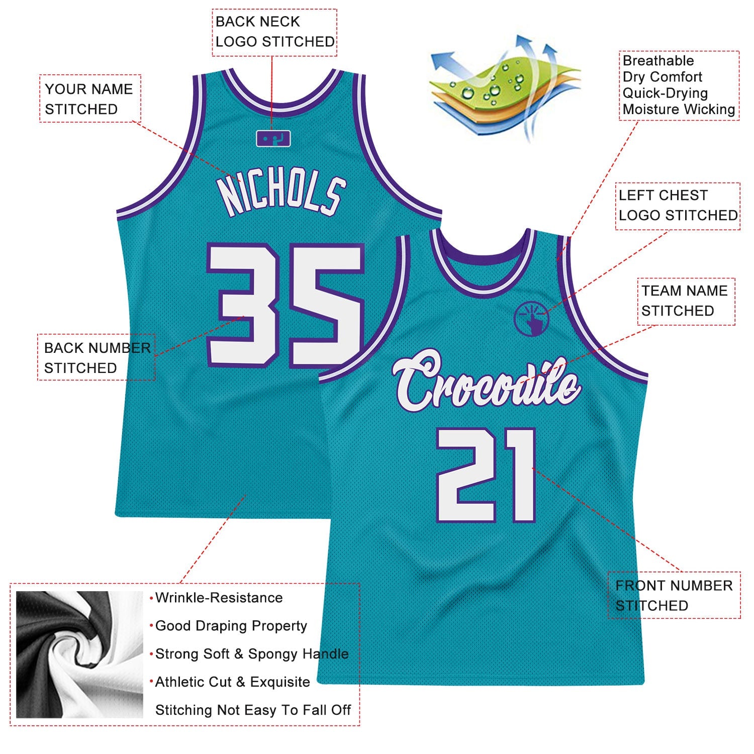 Custom Teal White-Purple Authentic Throwback Basketball Jersey view 2