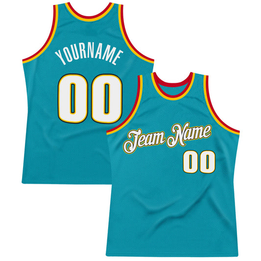 Custom Teal White-Gold Authentic Throwback Basketball Jersey - Main View