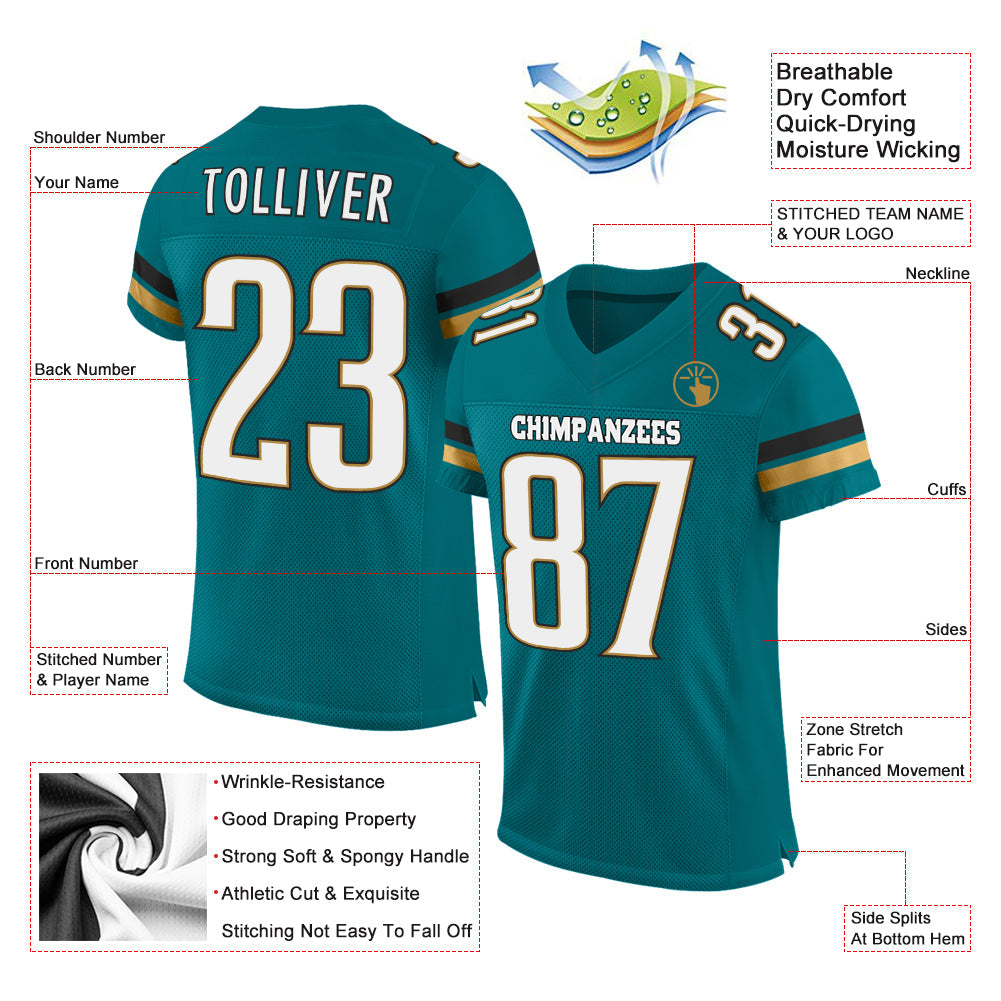 Custom Teal White-Old Gold Mesh Authentic Football Jersey view 2
