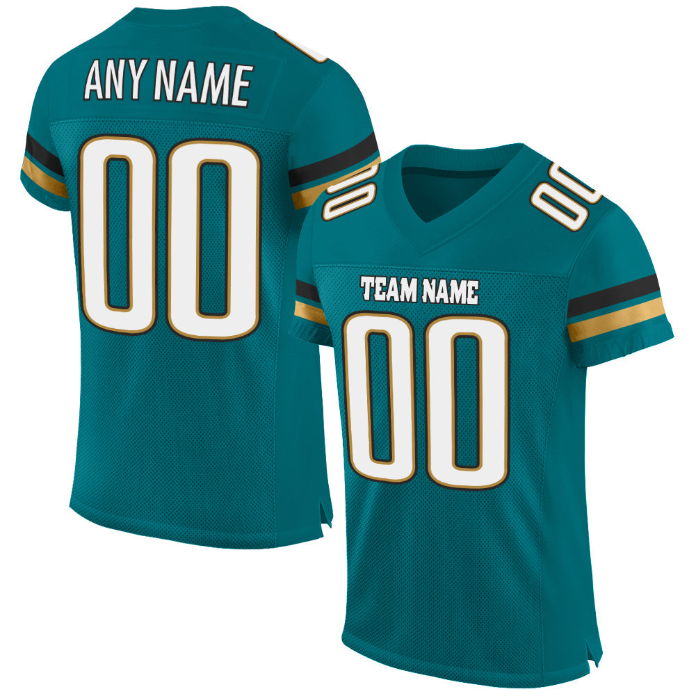 Custom Teal White-Old Gold Mesh Authentic Football Jersey - Main View