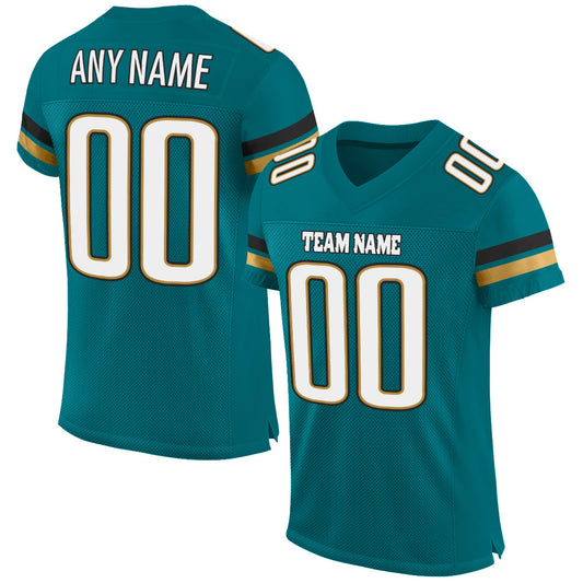 Custom Teal White-Old Gold Mesh Authentic Football Jersey - Main View