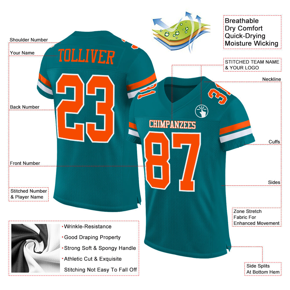 Custom Teal Orange-White Mesh Authentic Football Jersey view 2