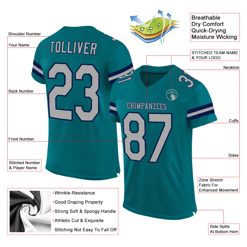 Custom Teal Gray-Navy Mesh Authentic Football Jersey view 2