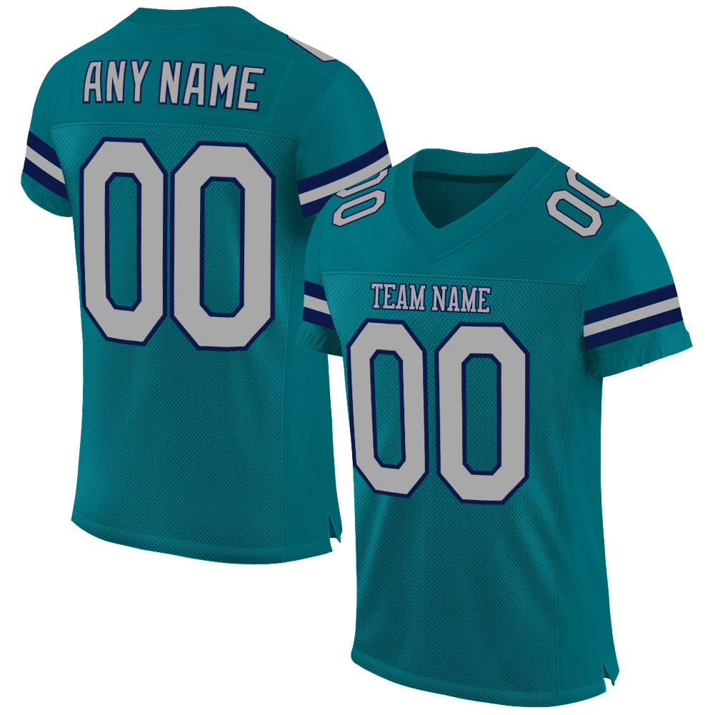 Custom Teal Gray-Navy Mesh Authentic Football Jersey - Main View