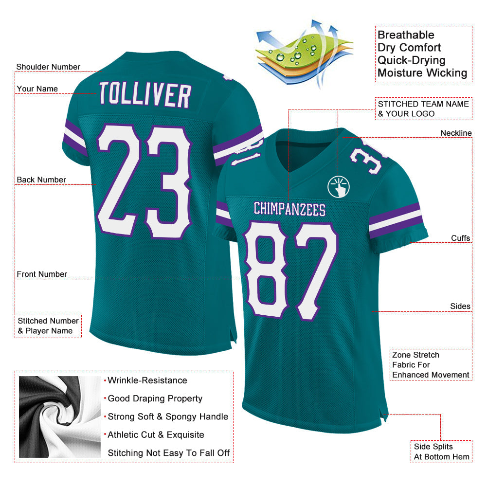 Custom Teal White-Purple Mesh Authentic Football Jersey view 2
