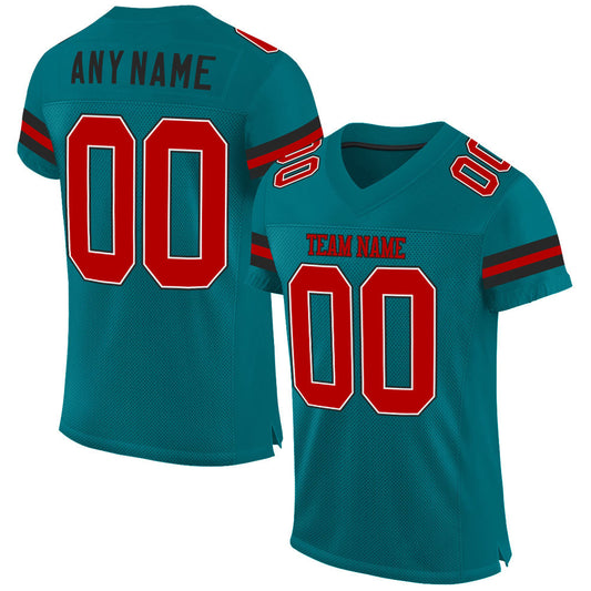 Custom Teal Red-Black Mesh Authentic Football Jersey - Main View
