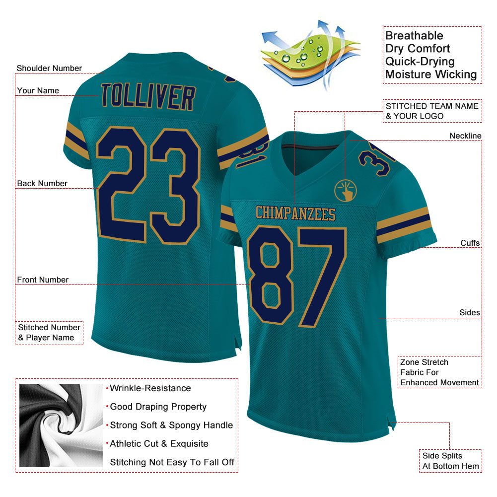 Custom Teal Navy-Old Gold Mesh Authentic Football Jersey view 2