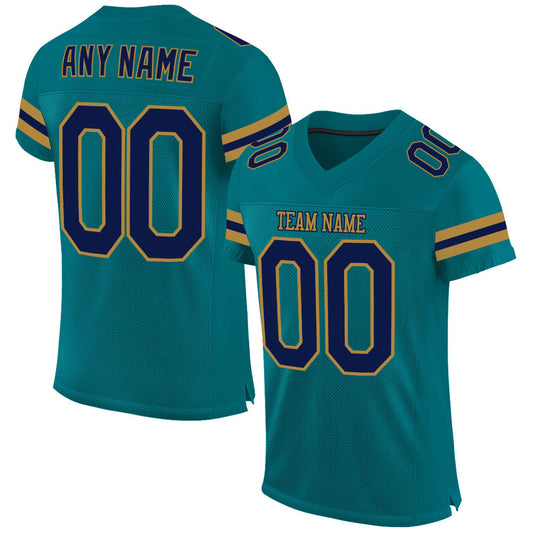 Custom Teal Navy-Old Gold Mesh Authentic Football Jersey - Main View