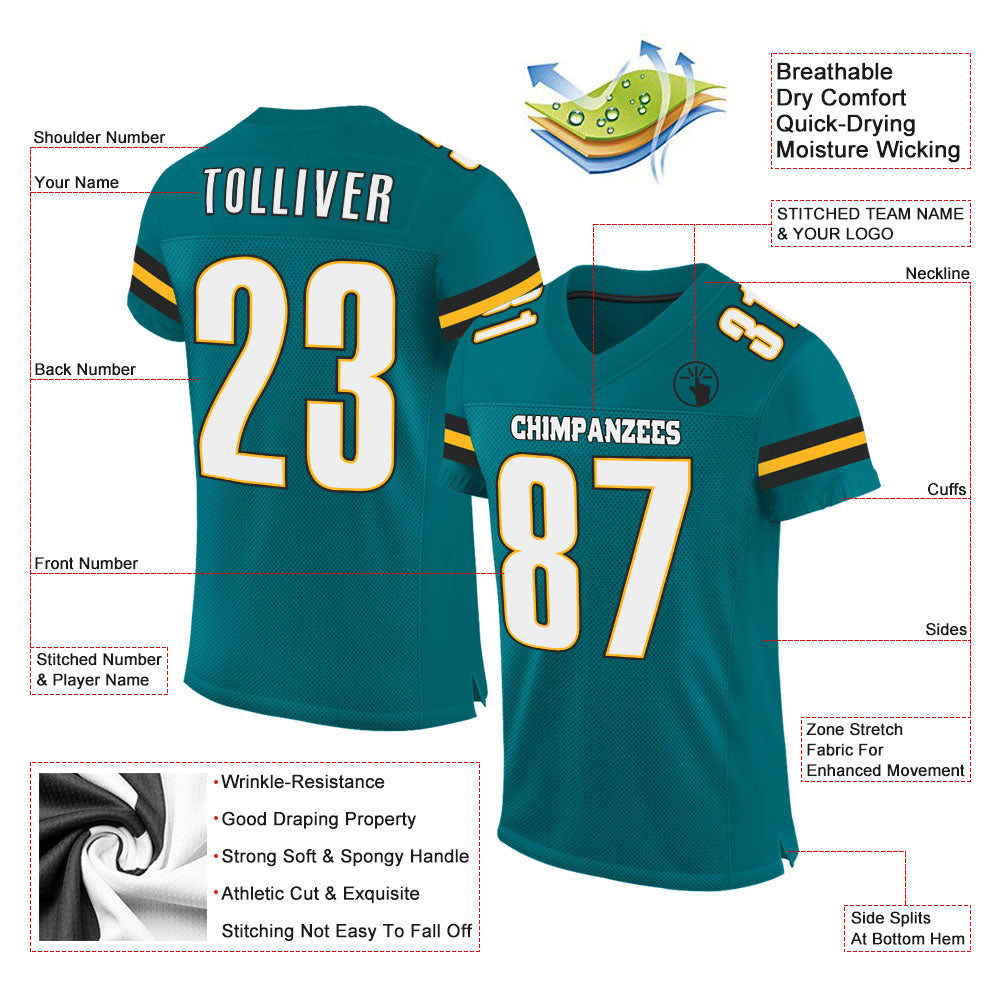 Custom Teal White-Gold Mesh Authentic Football Jersey view 2