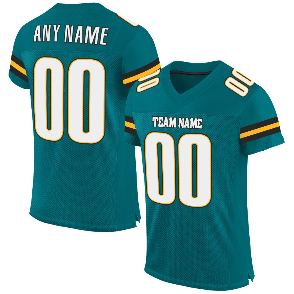 Custom Teal White-Gold Mesh Authentic Football Jersey - Main View
