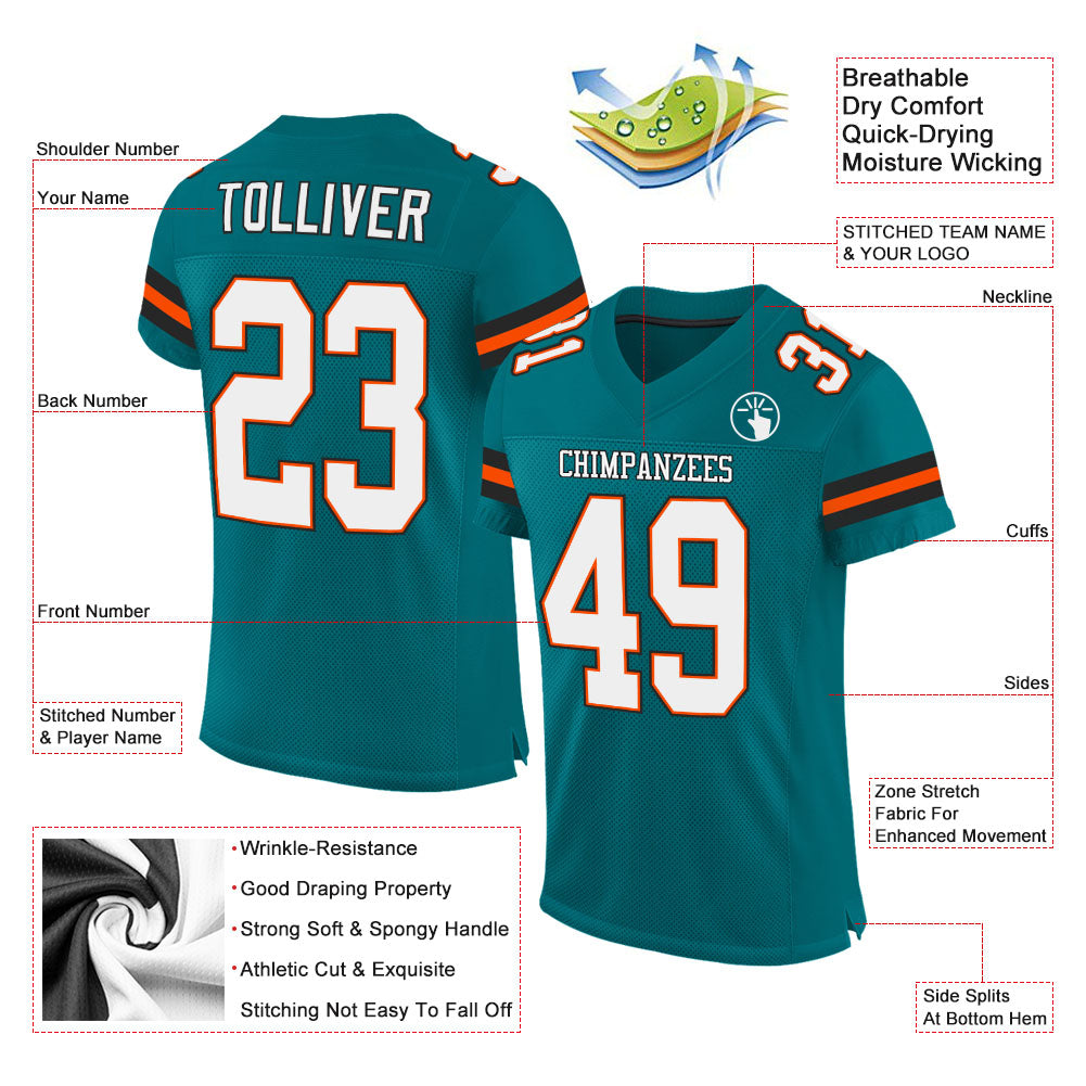 Custom Teal White-Orange Mesh Authentic Football Jersey view 2