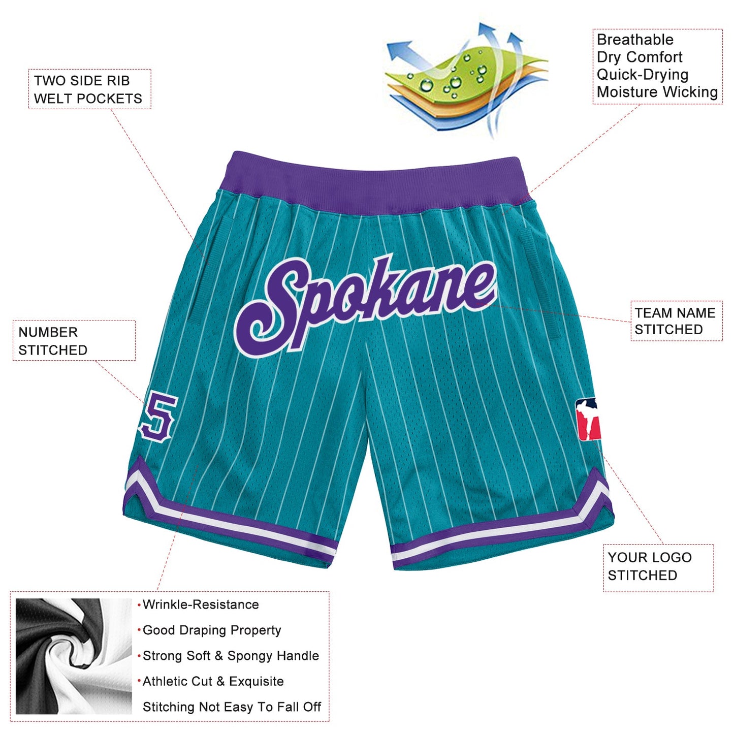Custom Teal White Pinstripe Purple-White Authentic Basketball Shorts view 2