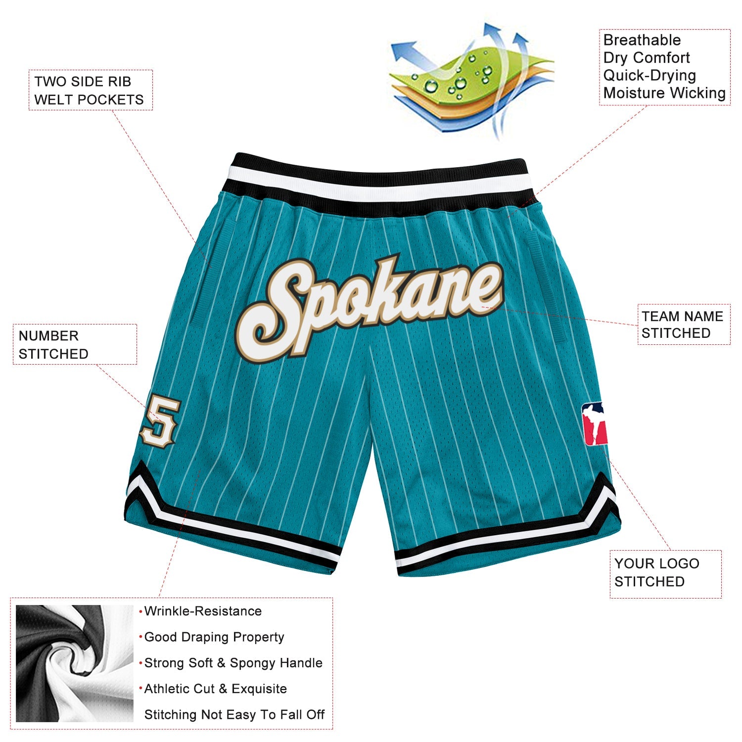 Custom Teal White Pinstripe White-Old Gold Authentic Basketball Shorts view 2