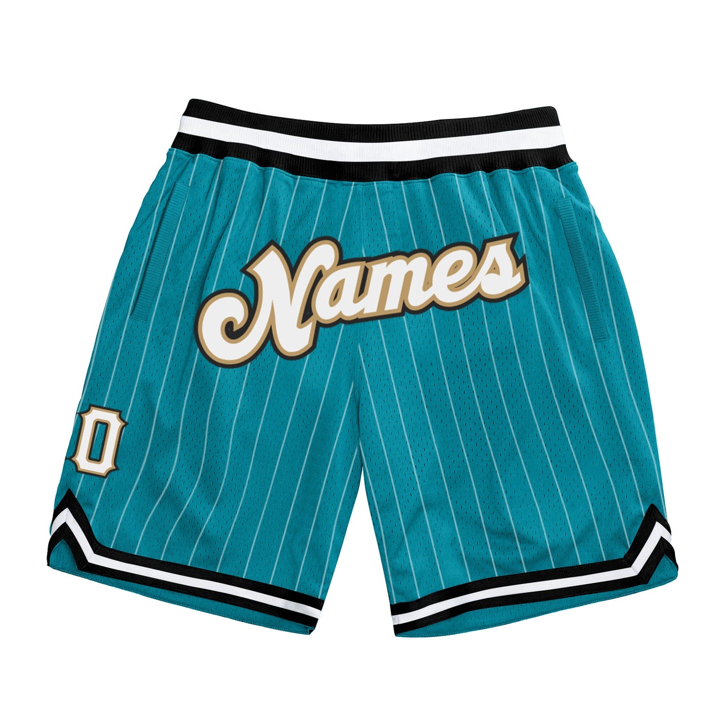 Custom Teal White Pinstripe White-Old Gold Authentic Basketball Shorts - Main View
