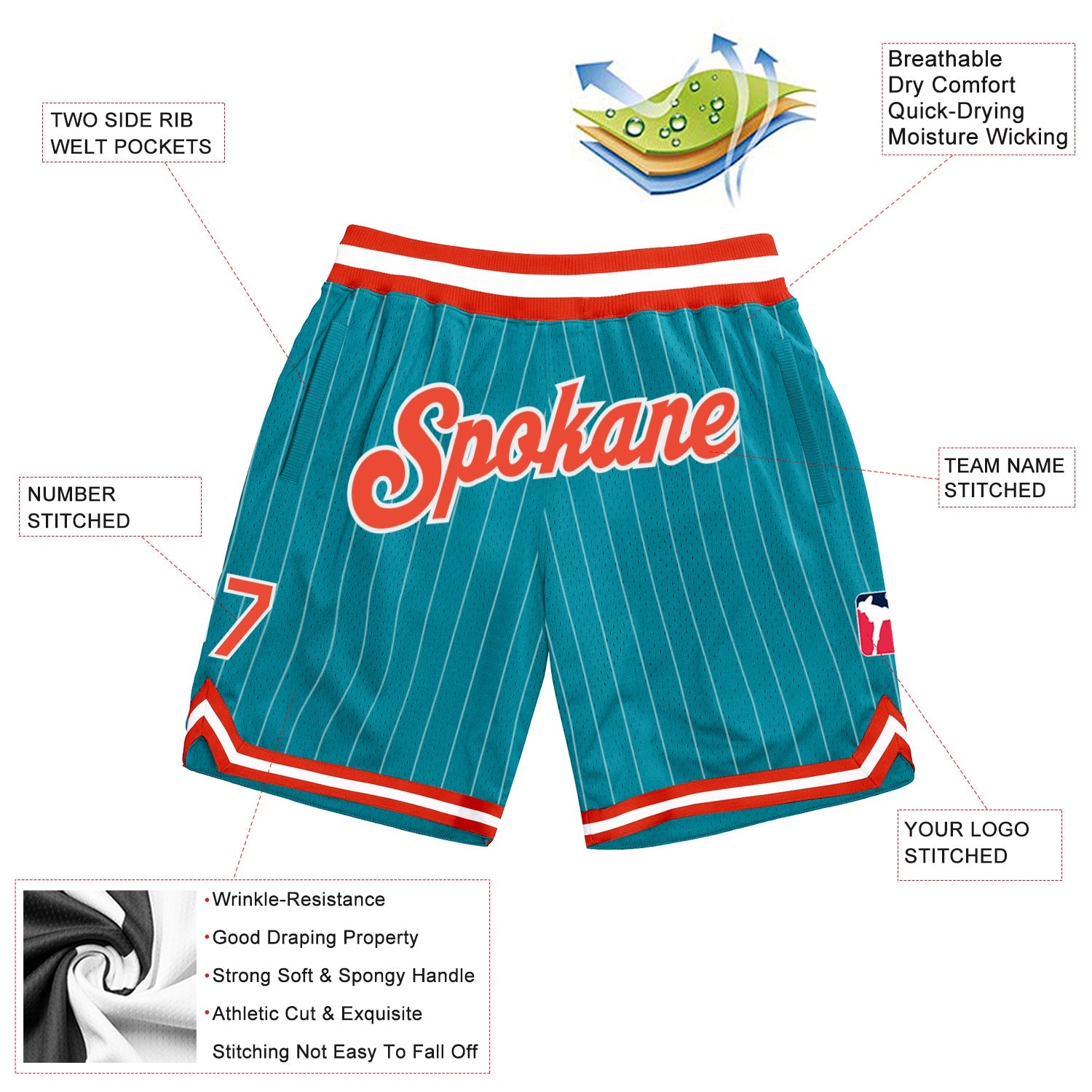 Custom Teal White Pinstripe Orange-White Authentic Basketball Shorts view 2
