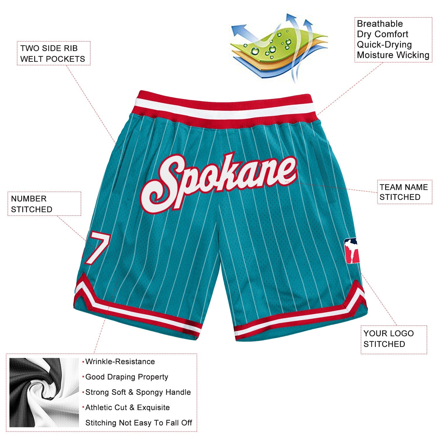 Custom Teal White Pinstripe White-Red Authentic Basketball Shorts view 2
