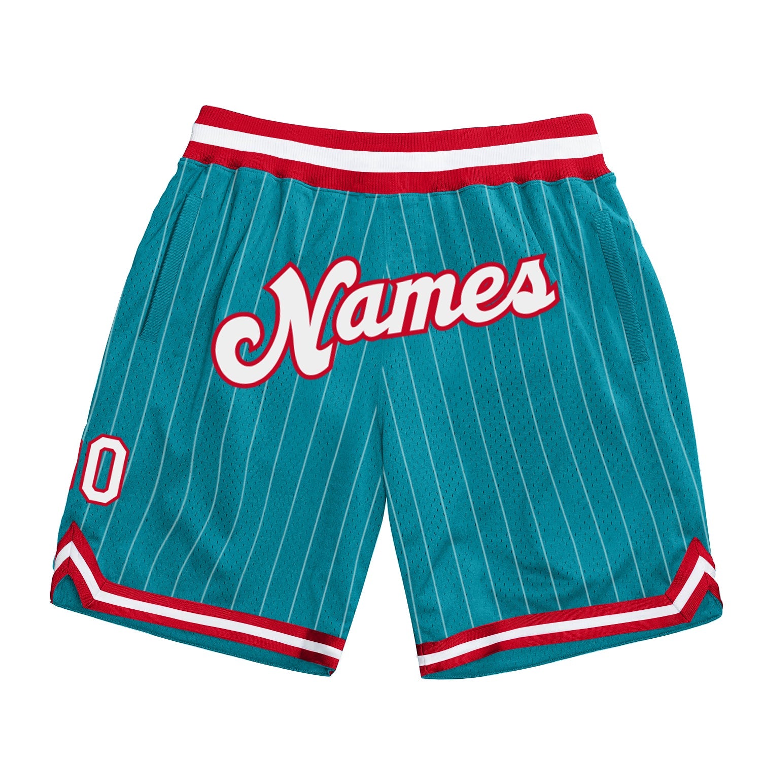 Custom Teal White Pinstripe White-Red Authentic Basketball Shorts - Main View