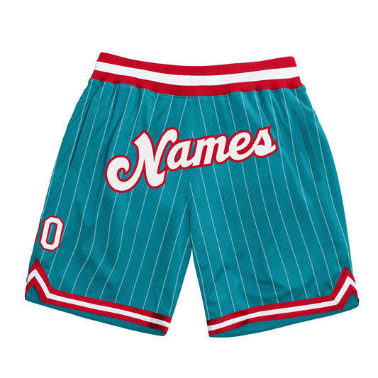 Custom Teal White Pinstripe White-Red Authentic Basketball Shorts - Main View