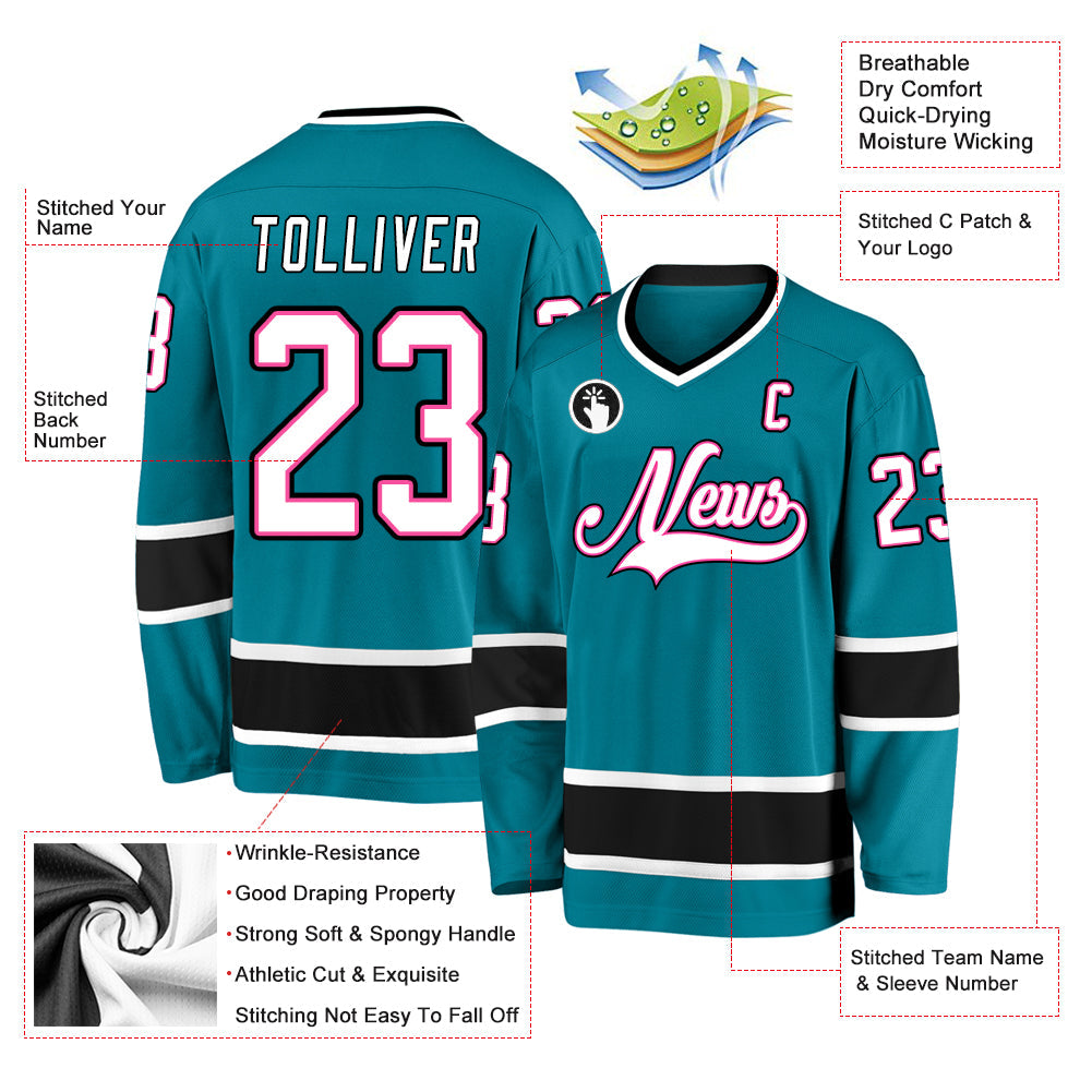 Custom Teal White-Black Hockey Jersey view 2