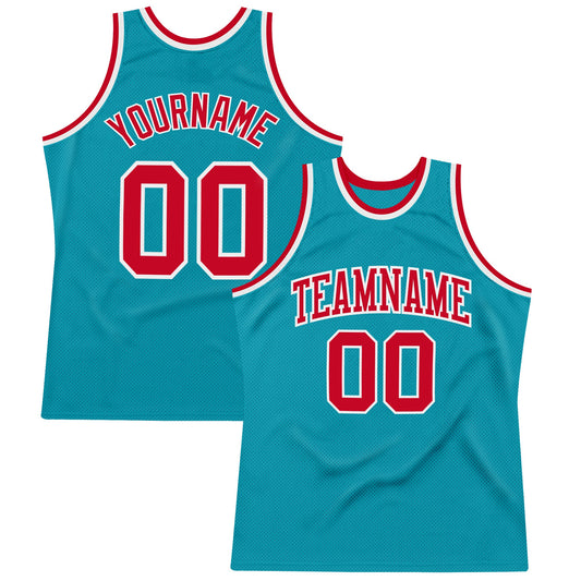 Custom Teal Red-White Authentic Throwback Basketball Jersey - Main View