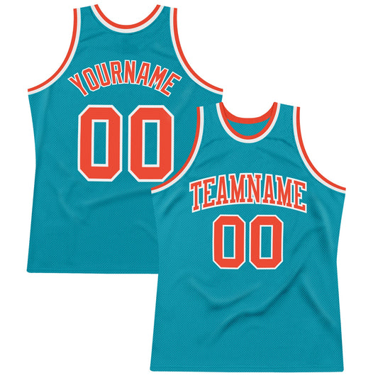 Custom Teal Orange-White Authentic Throwback Basketball Jersey - Main View