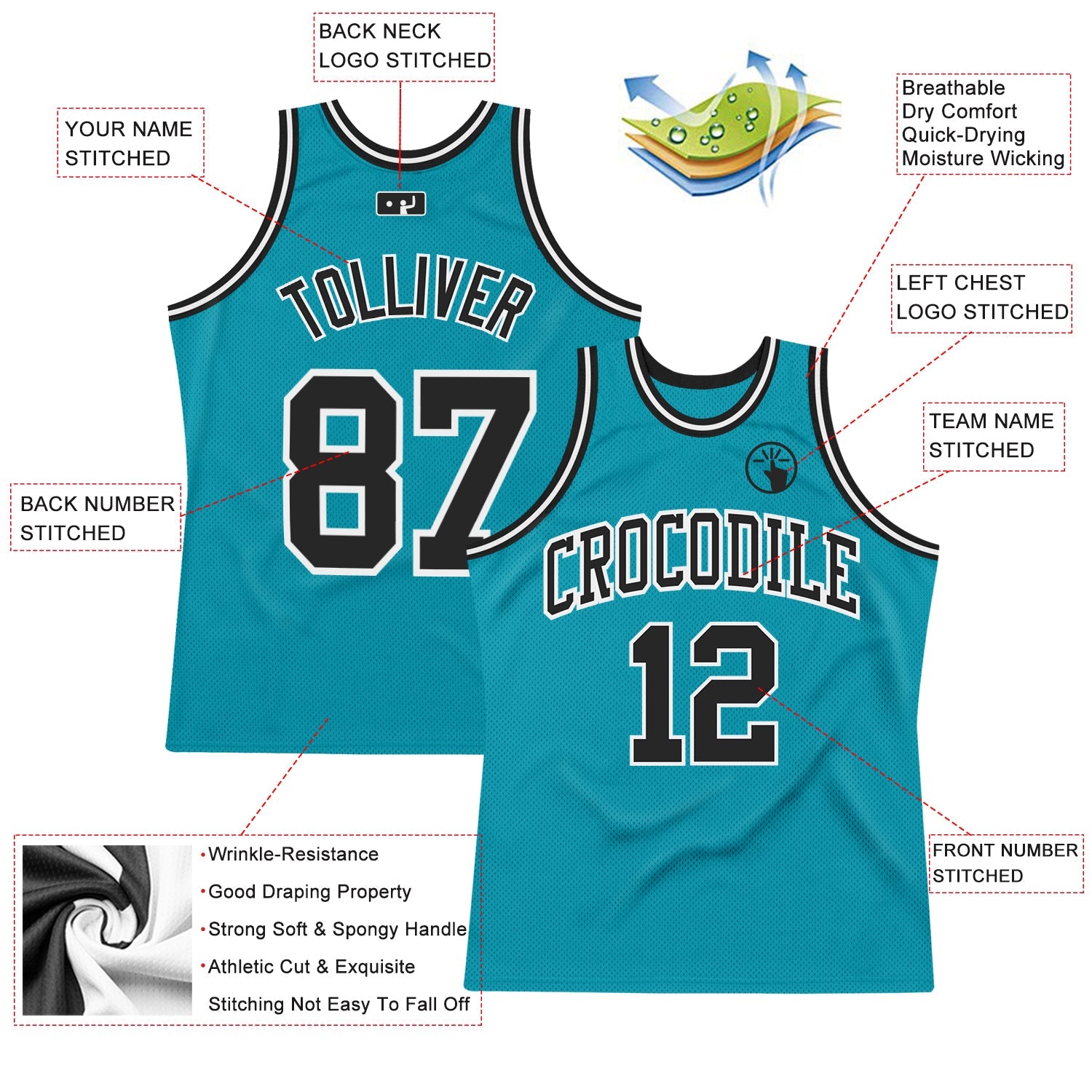 Custom Teal Black-White Authentic Throwback Basketball Jersey view 2