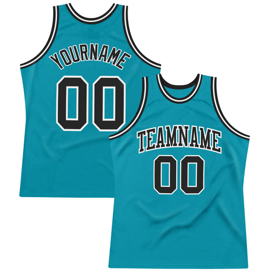 Custom Teal Black-White Authentic Throwback Basketball Jersey - Main View