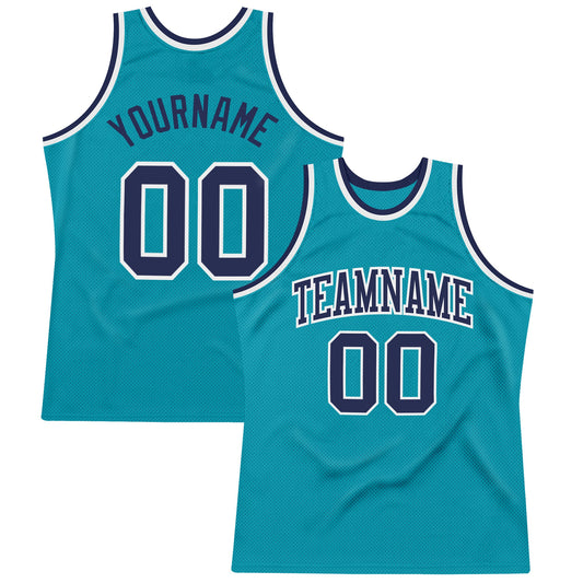 Custom Teal Navy-White Authentic Throwback Basketball Jersey - Main View