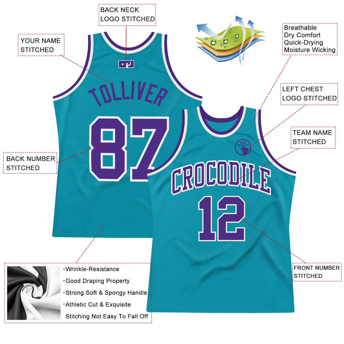 Custom Teal Purple-White Authentic Throwback Basketball Jersey view 2