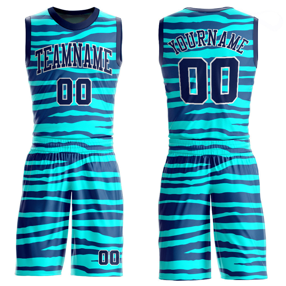Custom Teal Navy-White Round Neck Sublimation Basketball Uniform Jersey - Main View