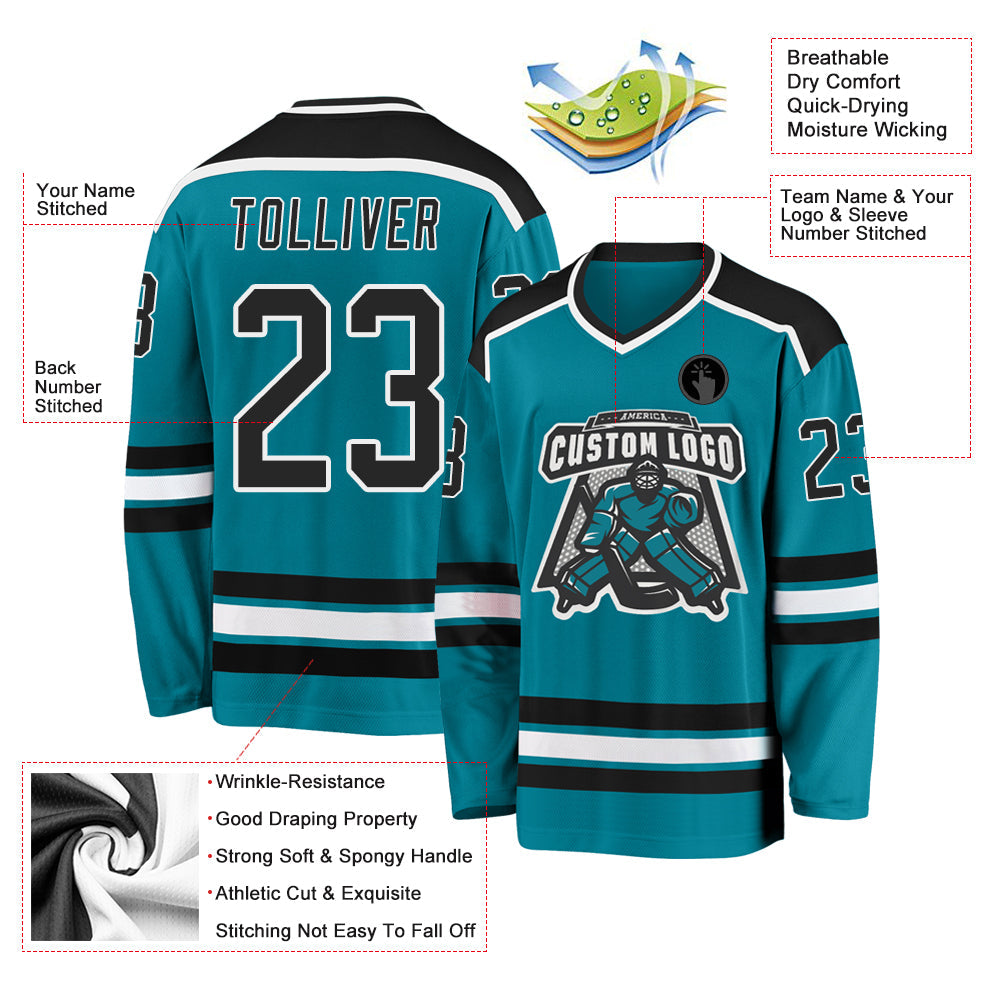 Custom Teal Black-White Hockey Jersey view 3