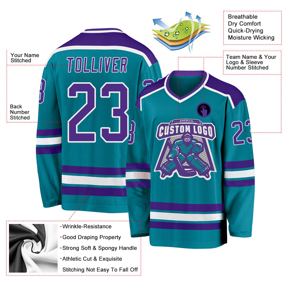 Custom Teal Purple-White Hockey Jersey view 3