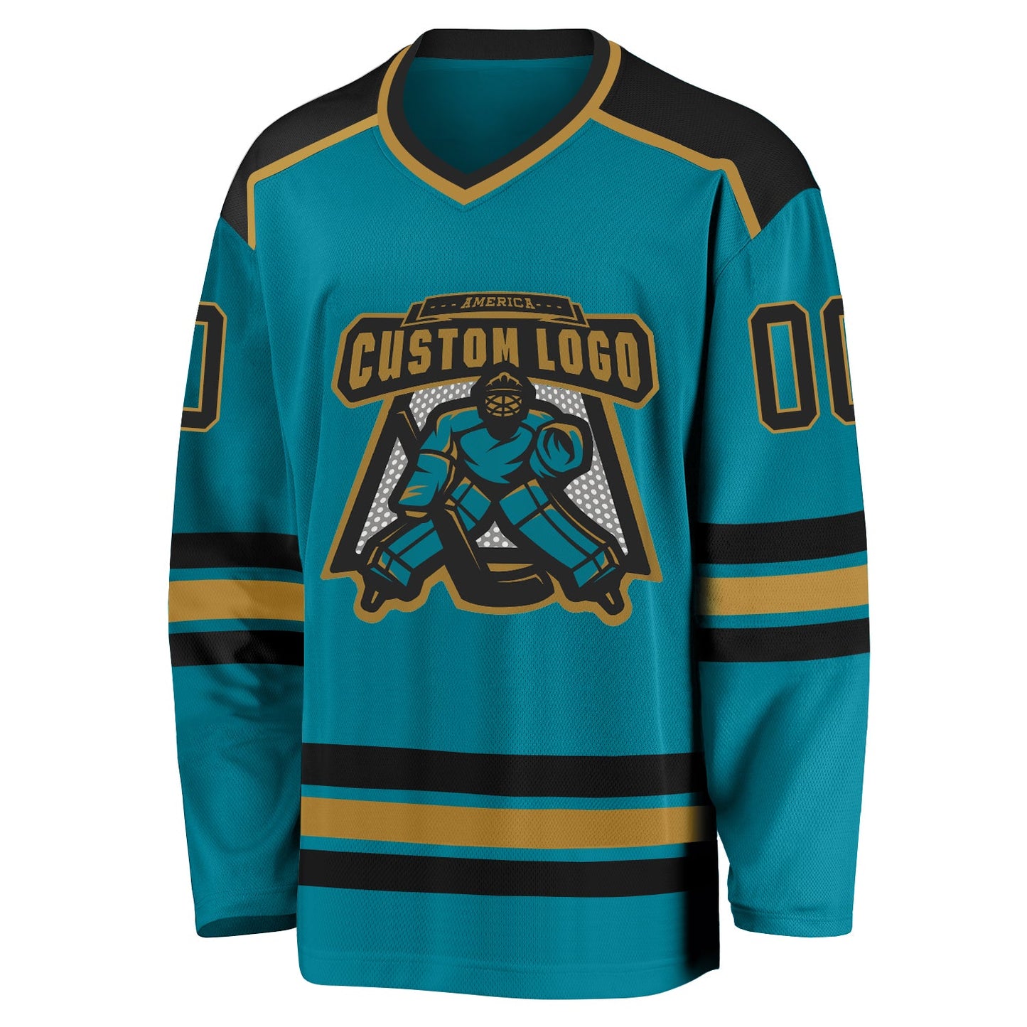 Custom Teal Black-Old Gold Hockey Jersey view 2