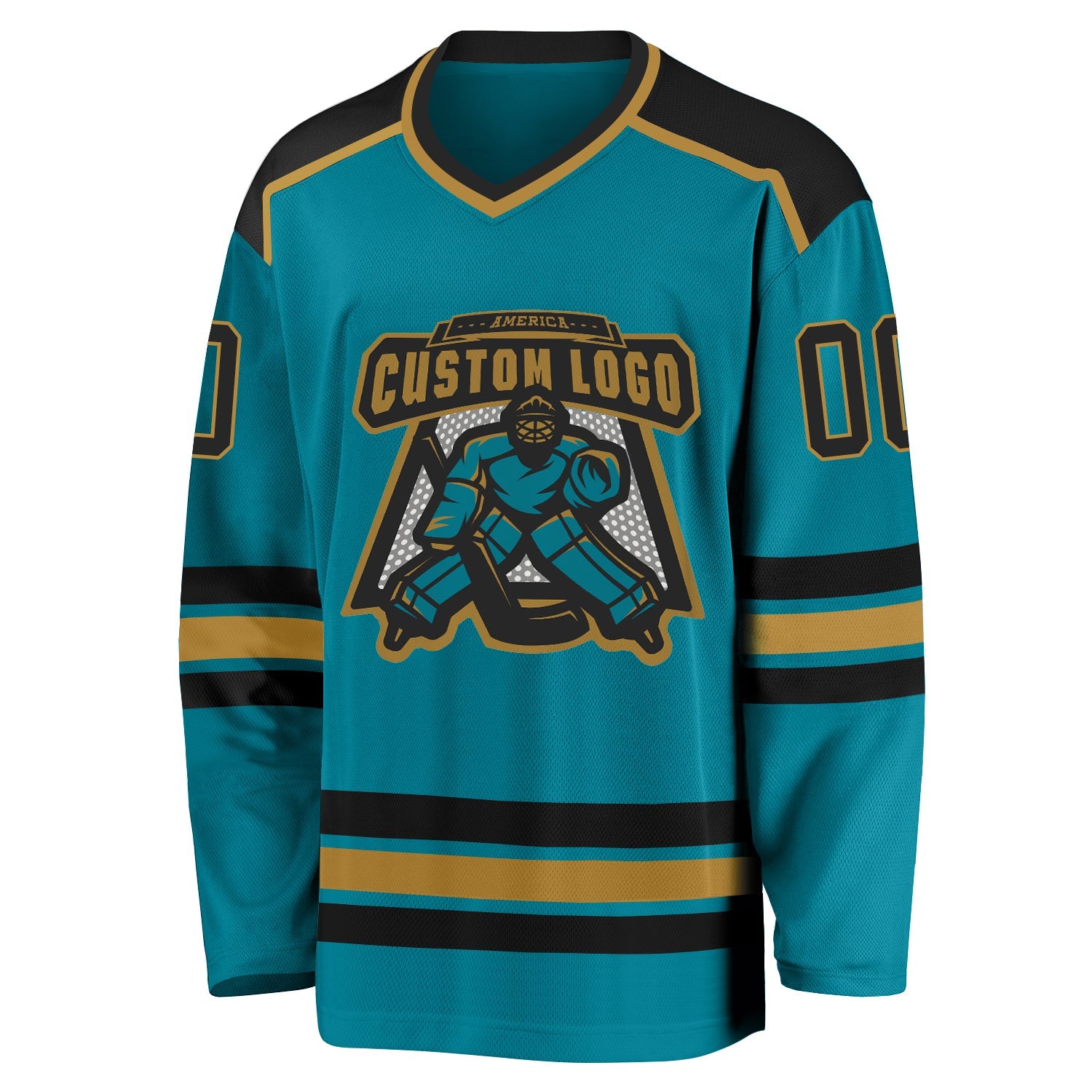 Custom Teal Black-Old Gold Hockey Jersey view 2