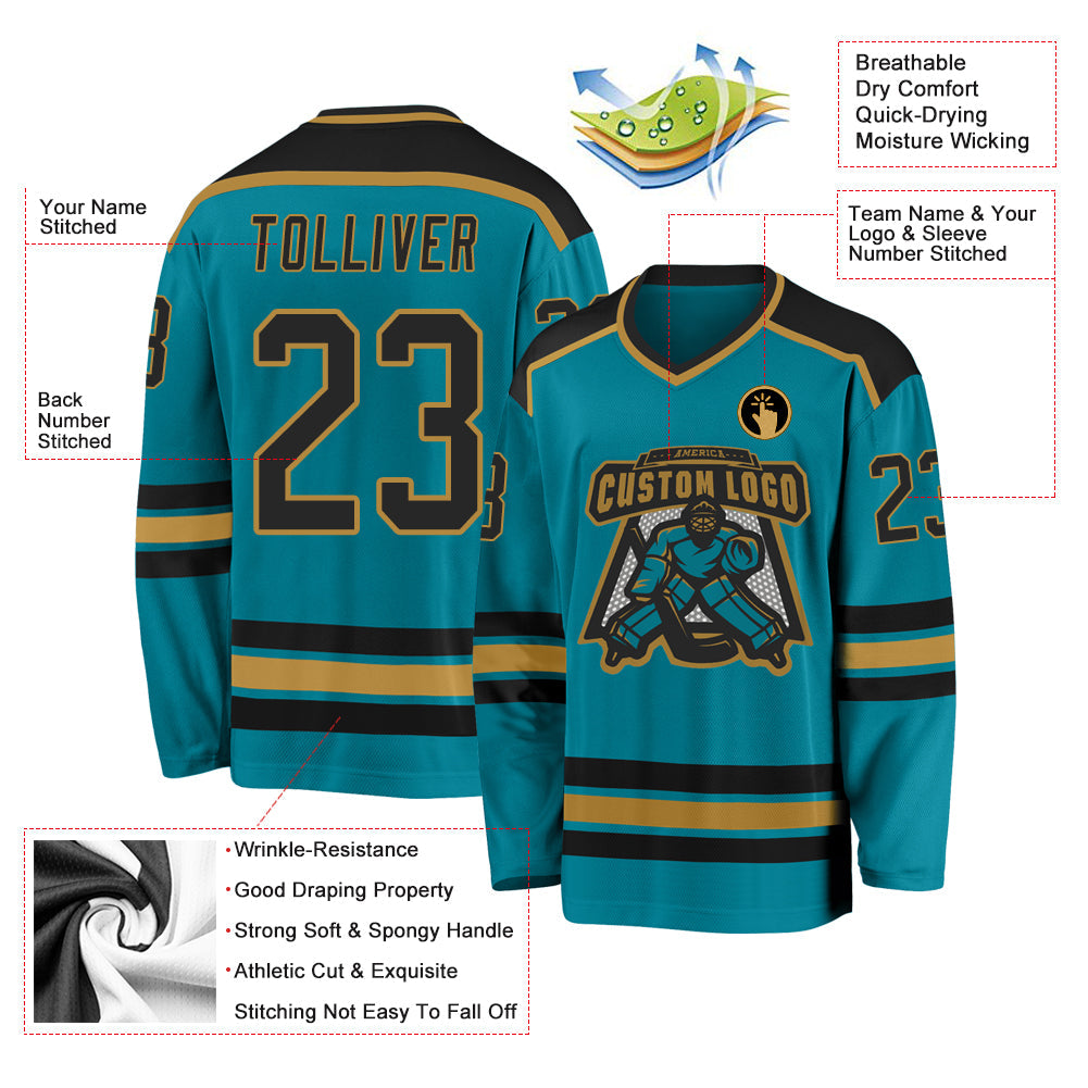 Custom Teal Black-Old Gold Hockey Jersey view 3